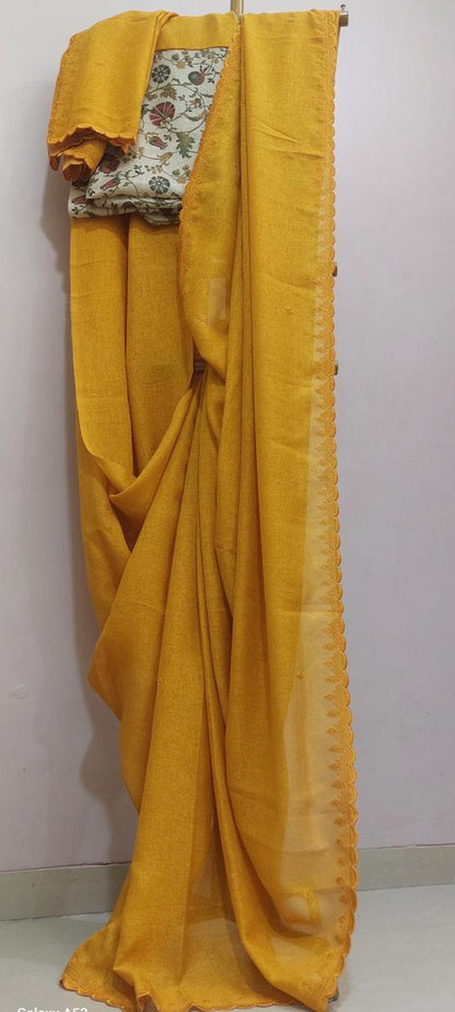 Linen in mustard yellow saree with Kalamkari print Blouse