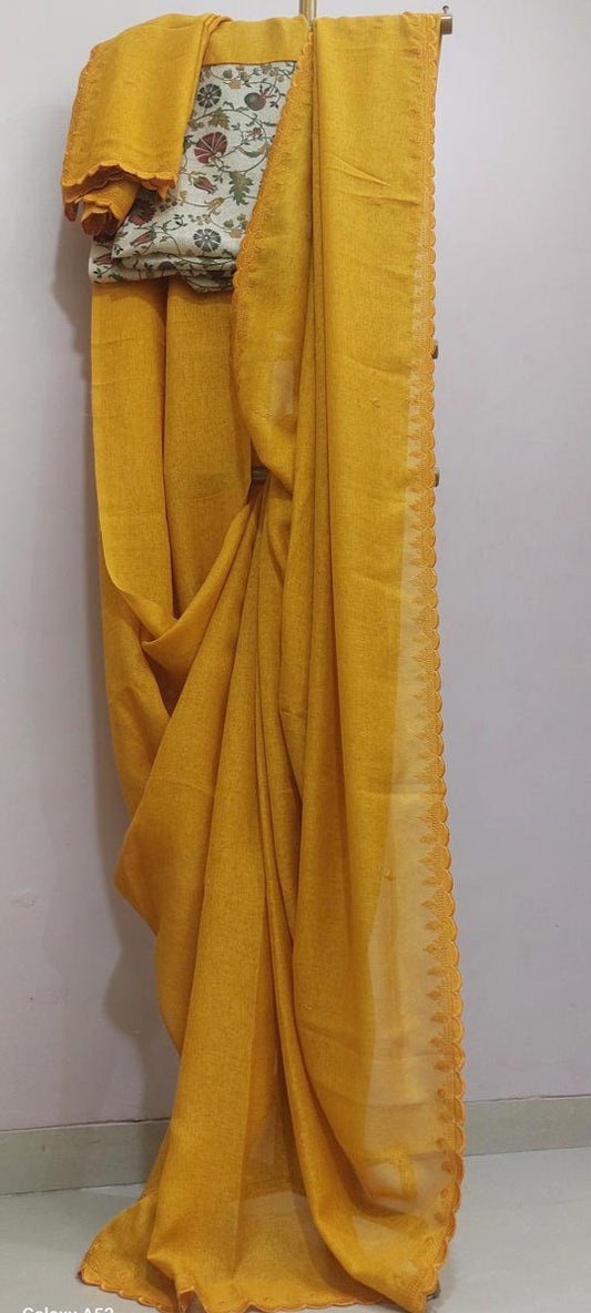 Linen in mustard yellow saree with Kalamkari print Blouse