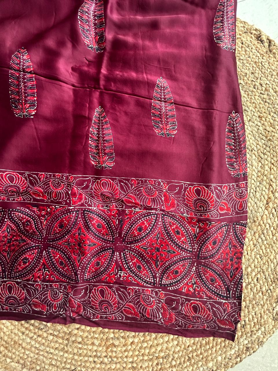 Pure Modal Silk Ajrekh Hand Block Print Wine Color Saree
