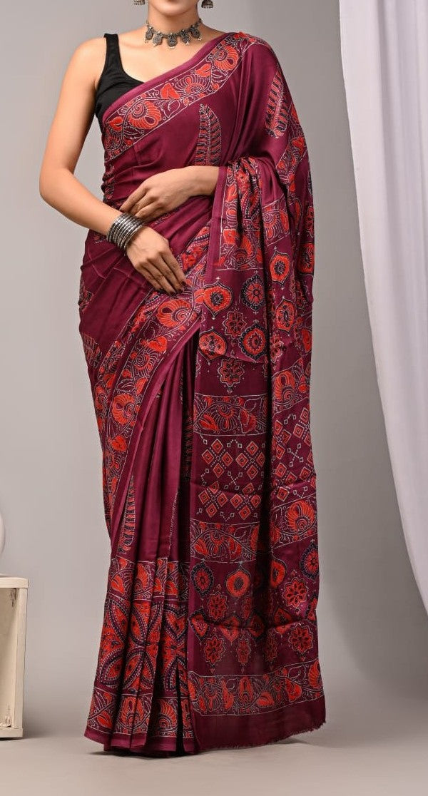 Pure Modal Silk Ajrekh Hand Block Print Wine Color Saree