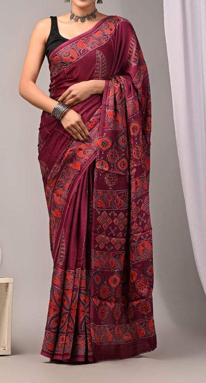 Pure Modal Silk Ajrekh Hand Block Print Wine Color Saree
