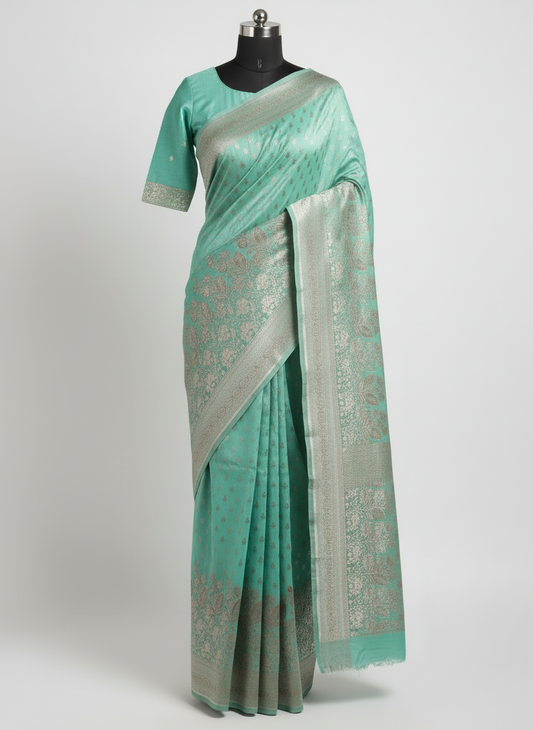 Cotton Silk Brocade Teal Saree