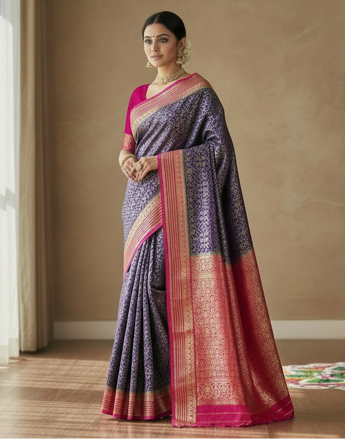 Pure Mysore Silk Saree - Zaal Work In Navy Blue with Magenta