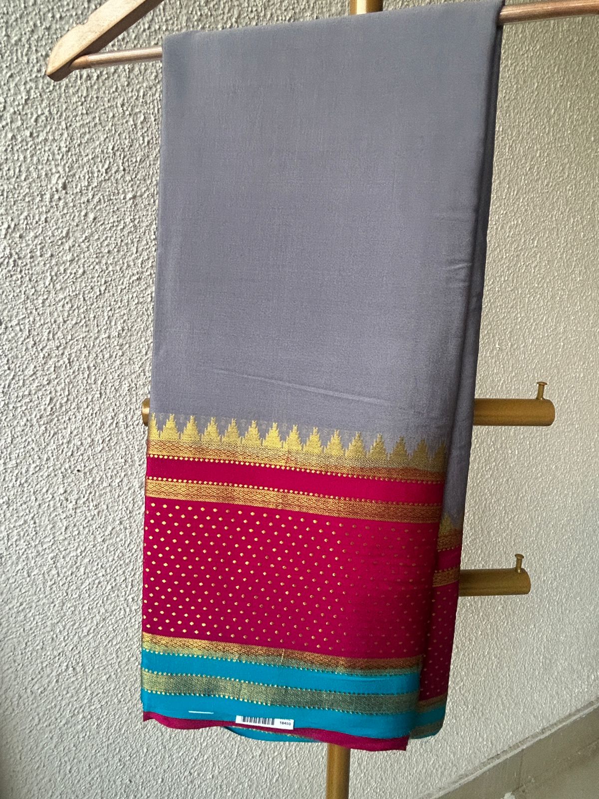 Pure Mysore Silk Saree - 3D Grey with Magenta Bentex Border