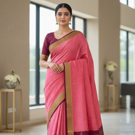 Pure Mysore Silk Saree - Checkered Pattern in Peach with Wine