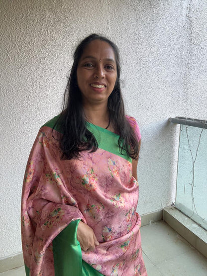 Semi Silk Floral Print Pink Saree