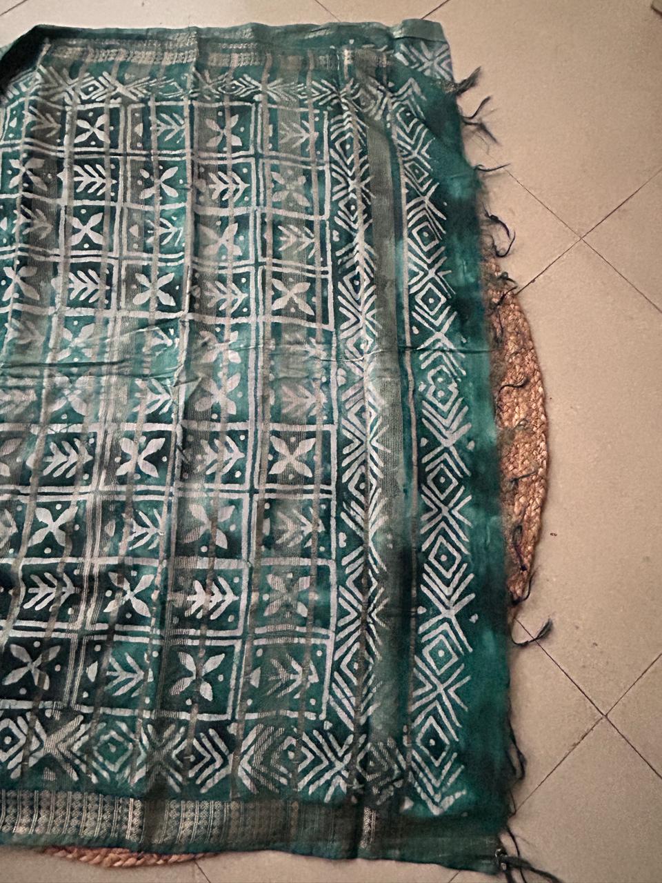 Bagalpuri Silk With Boutique Print  Bottle Green Saree