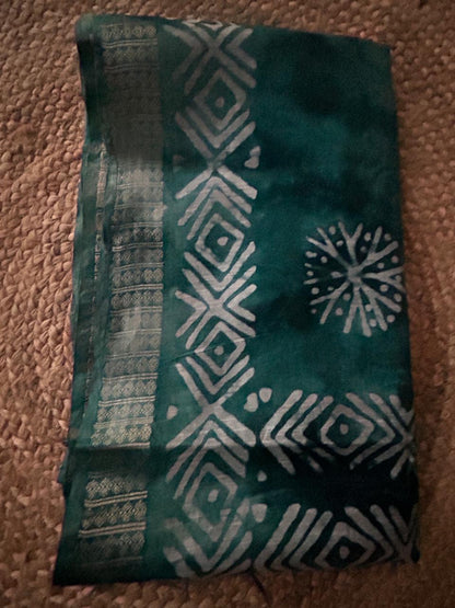 Bagalpuri Silk With Boutique Print  Bottle Green Saree