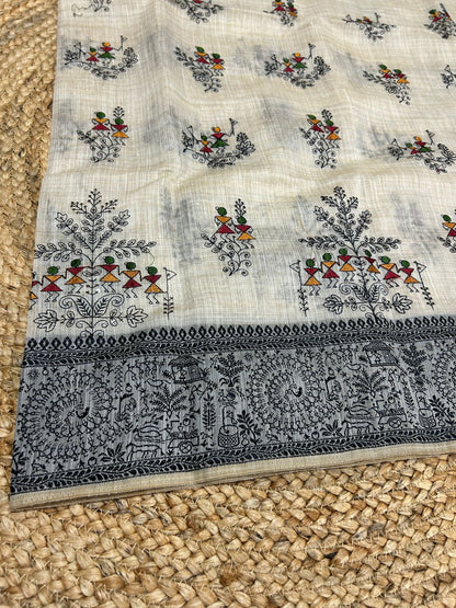 Warli Embroidery Mul Cotton Mix Saree - Pattern 4