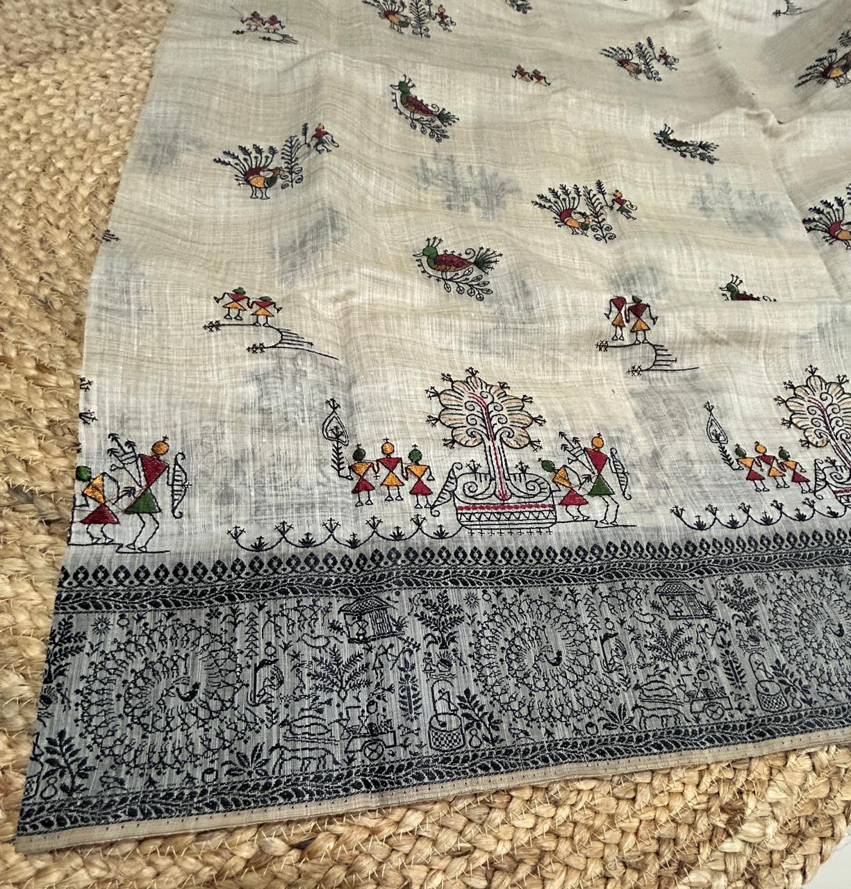 Warli Embroidery Mul Cotton Mix Saree - Pattern 2