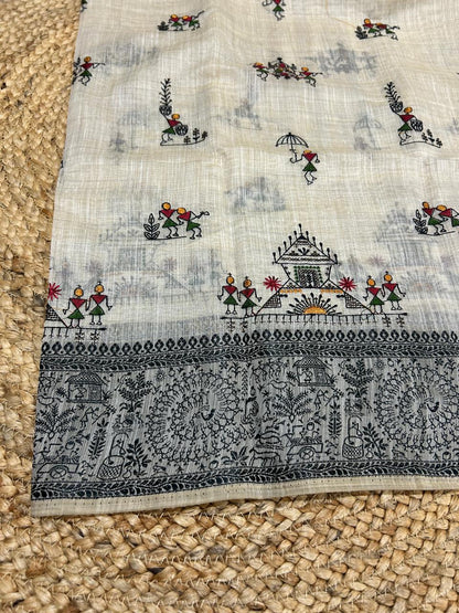 Warli Embroidery Mul Cotton Mix Saree - Pattern 5