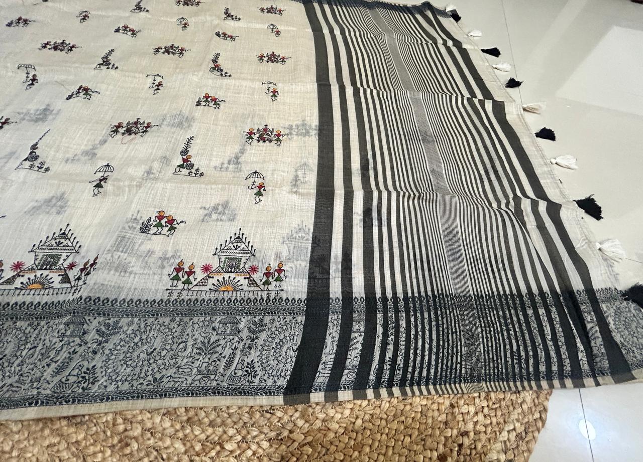 Warli Embroidery Mul Cotton Mix Saree - Pattern 5