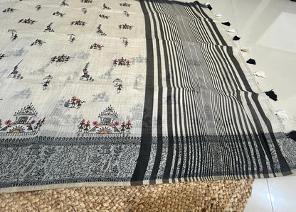 Warli Embroidery Mul Cotton Mix Saree - Pattern 5