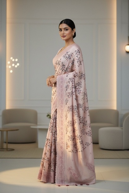 Soft Silk Floral Peach Saree with Embroidery