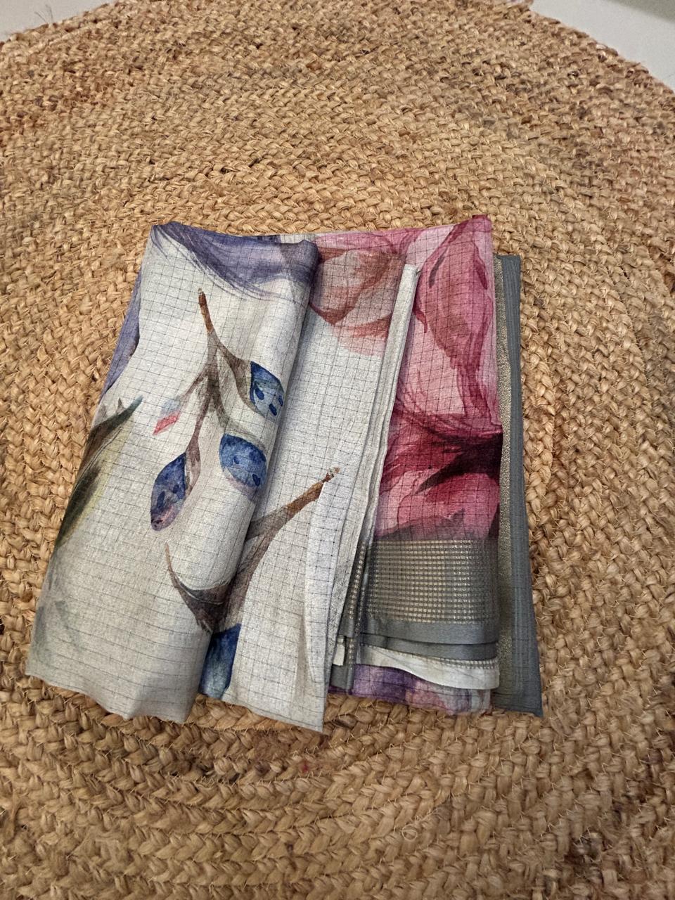 Tussar Silk Floral Print Grey Saree