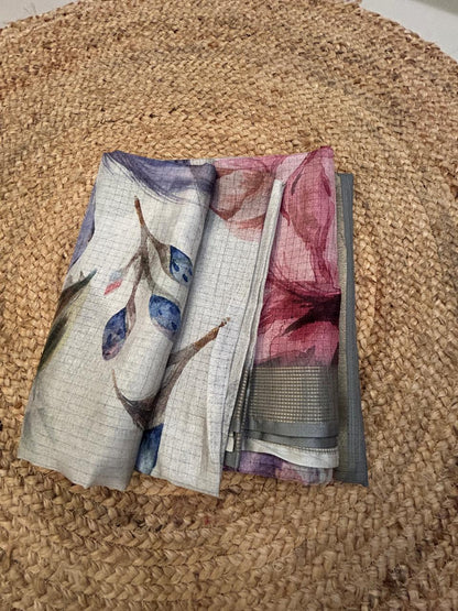 Tussar Silk Floral Print Grey Saree